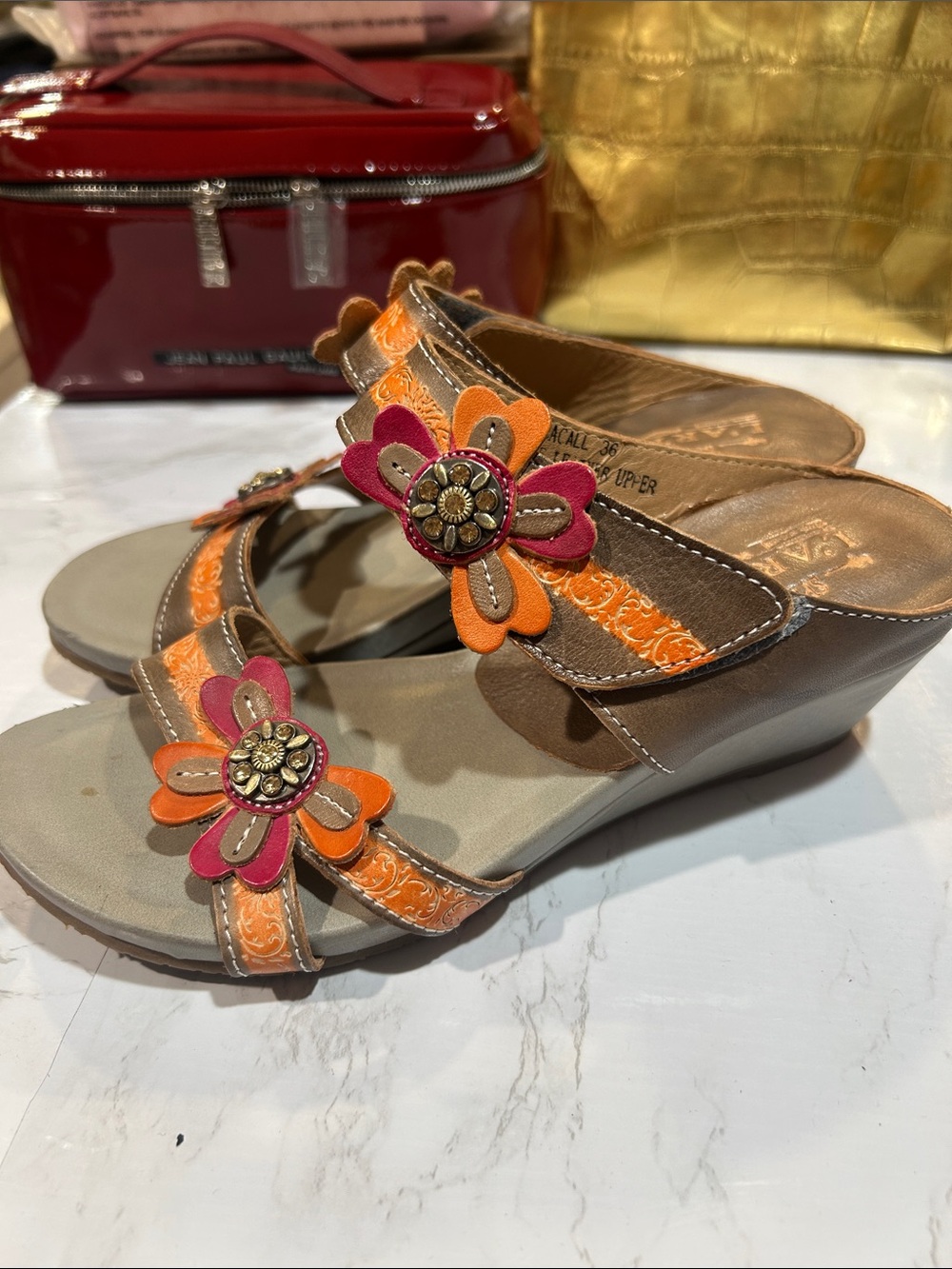 L' artiste Spring Step Brown Slide Sandals with Orange and Pink Floral Accents - Picture 2 of 10